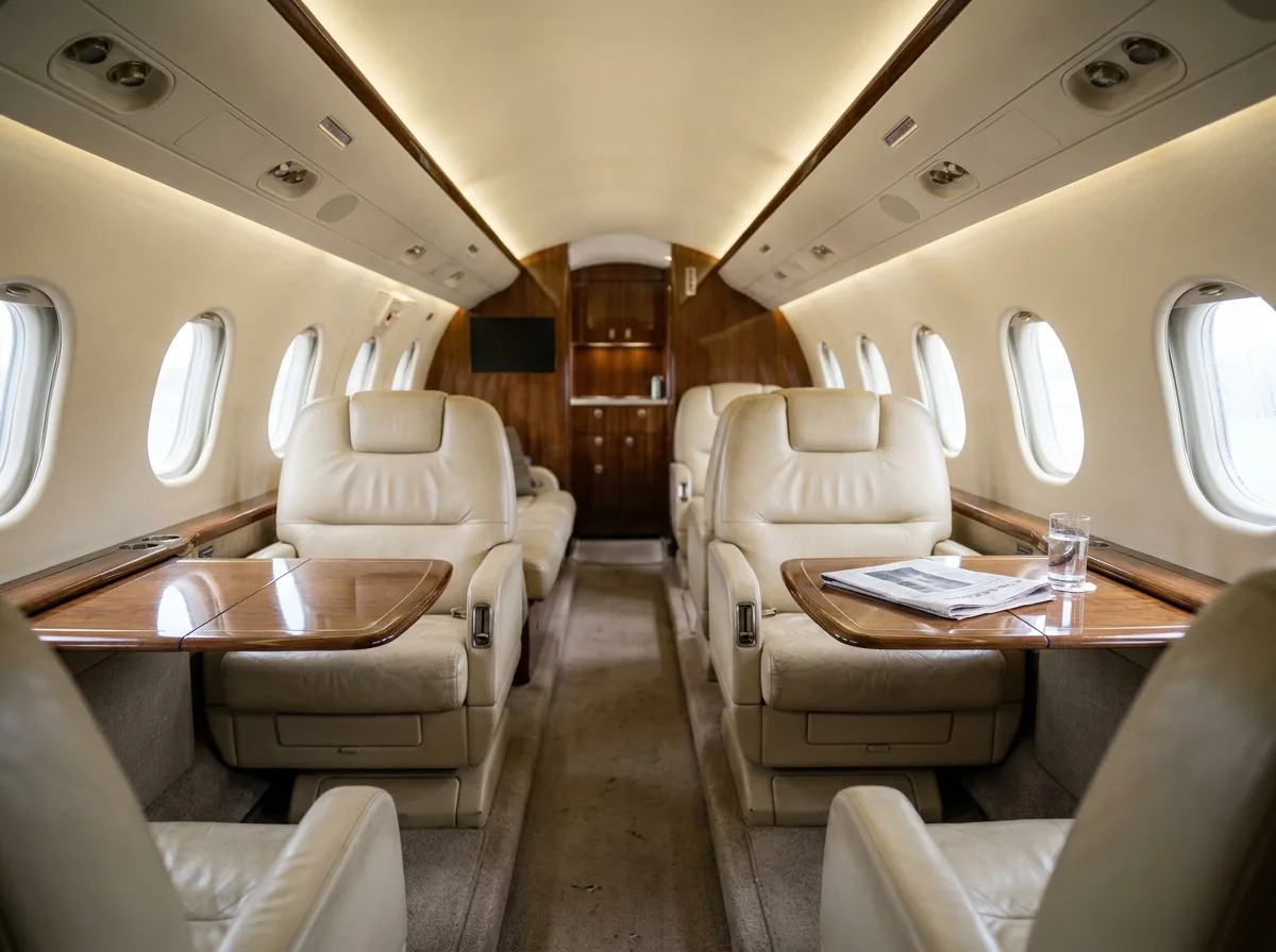 Heavy business jet cabin with club seating and workspace