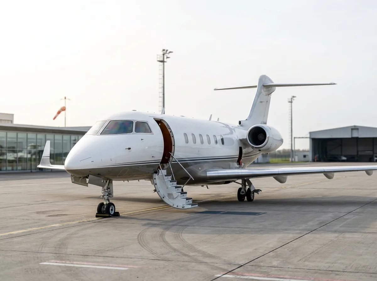 Light business jet in flight above the clouds