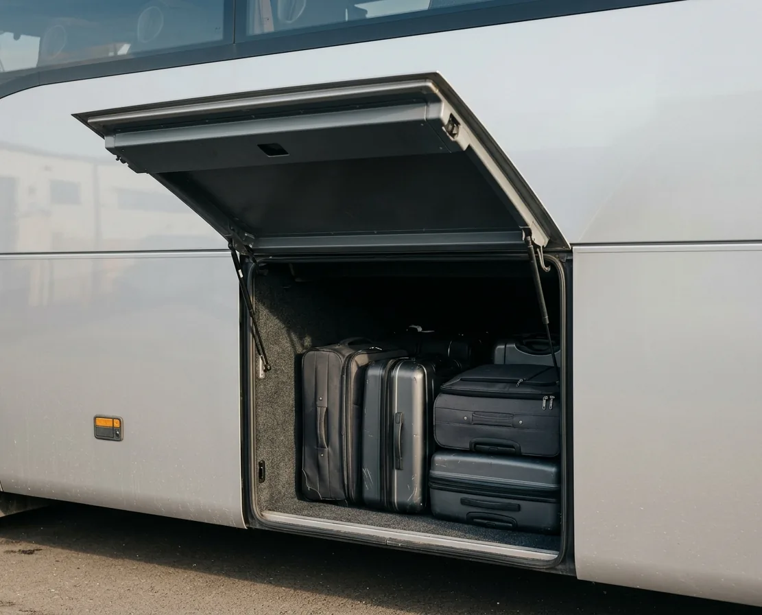 Mini Coach luggage compartment with suitcases loaded