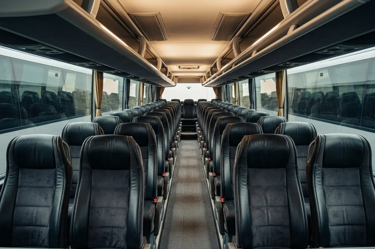 Motorcoach interior showing seating layout
