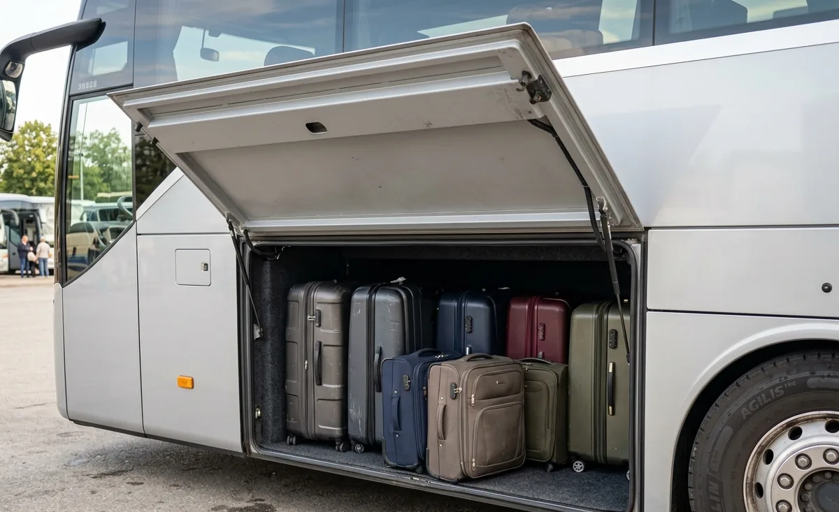 Motorcoach luggage compartment with suitcases loaded