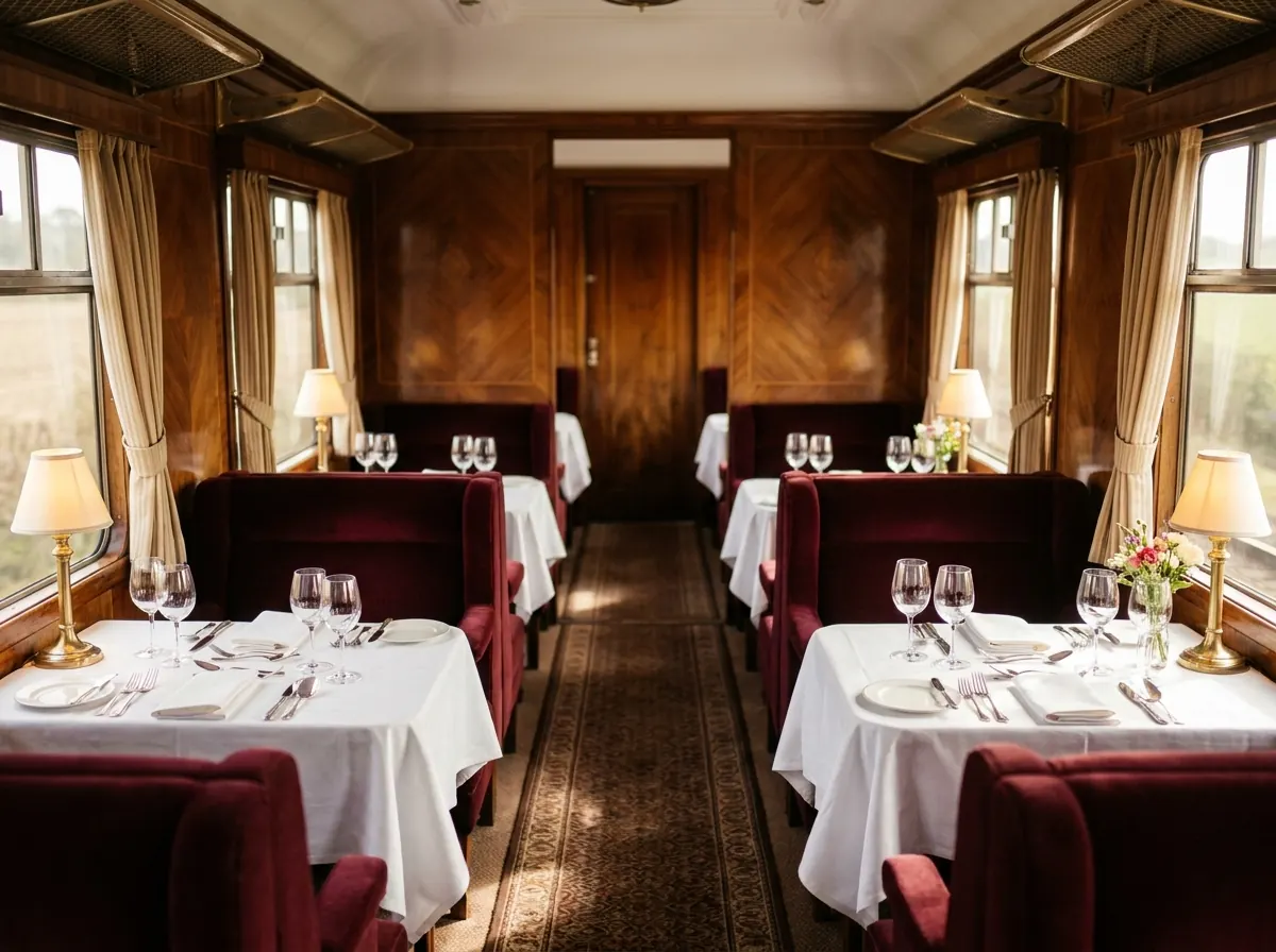 Special charter train with dining car crossing a European landscape