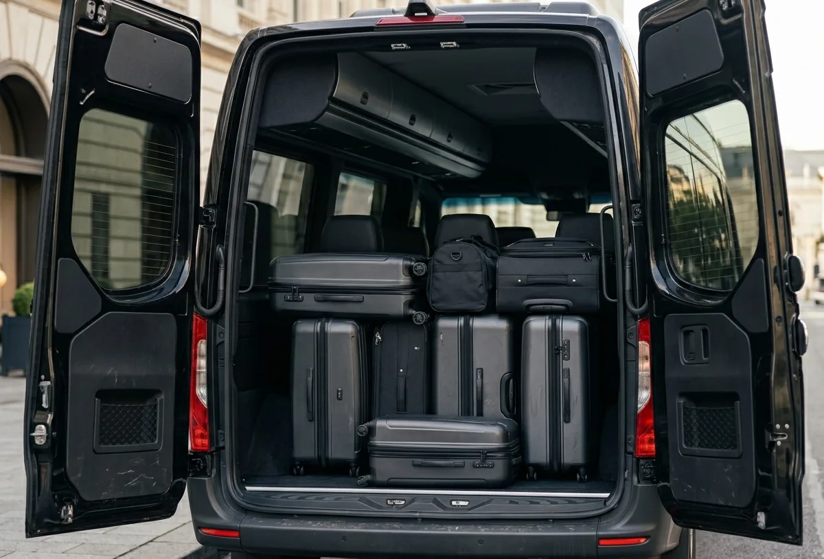 Sprinter Van luggage compartment with suitcases loaded