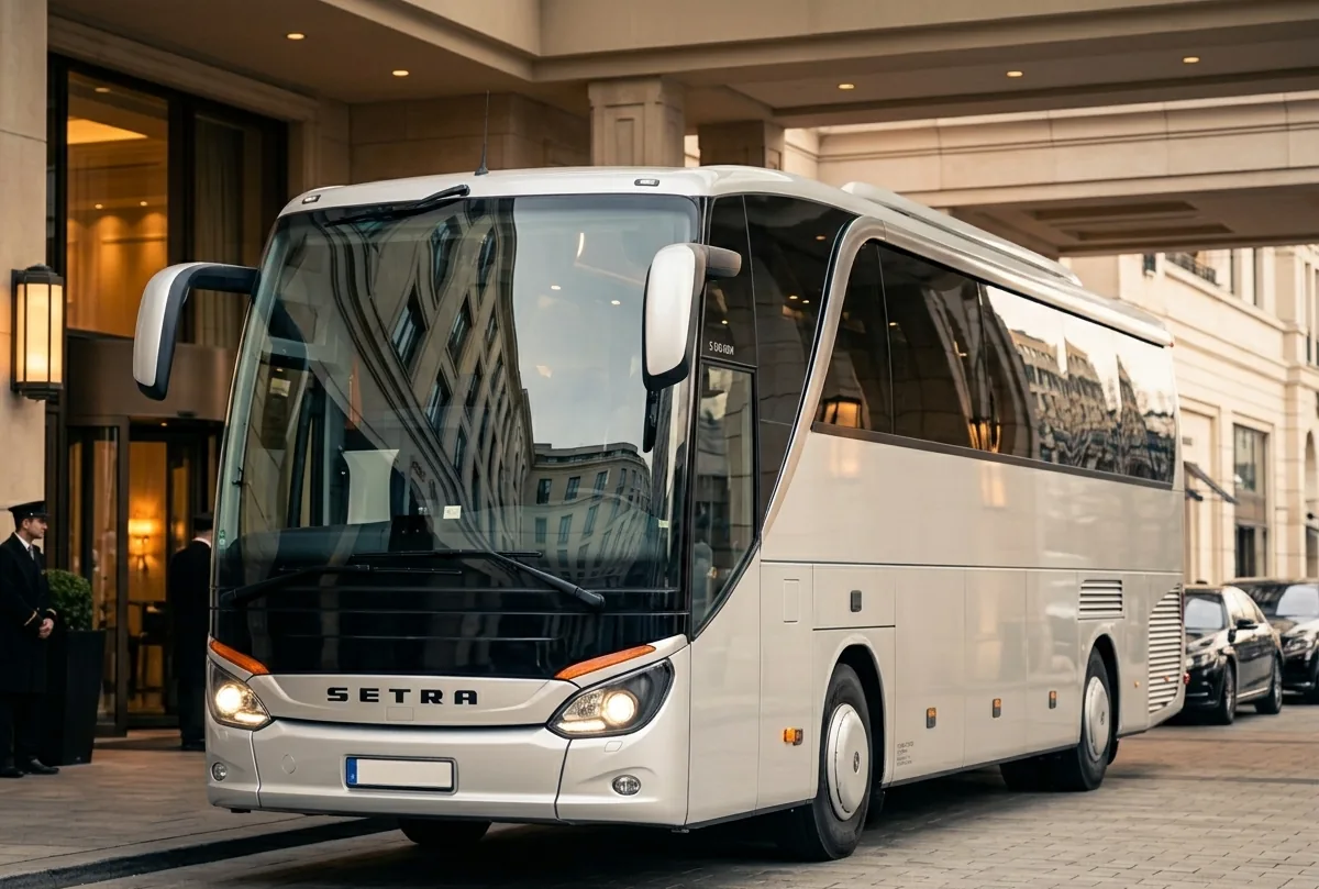 VIP coach interior with lay-flat leather seating and on-board service