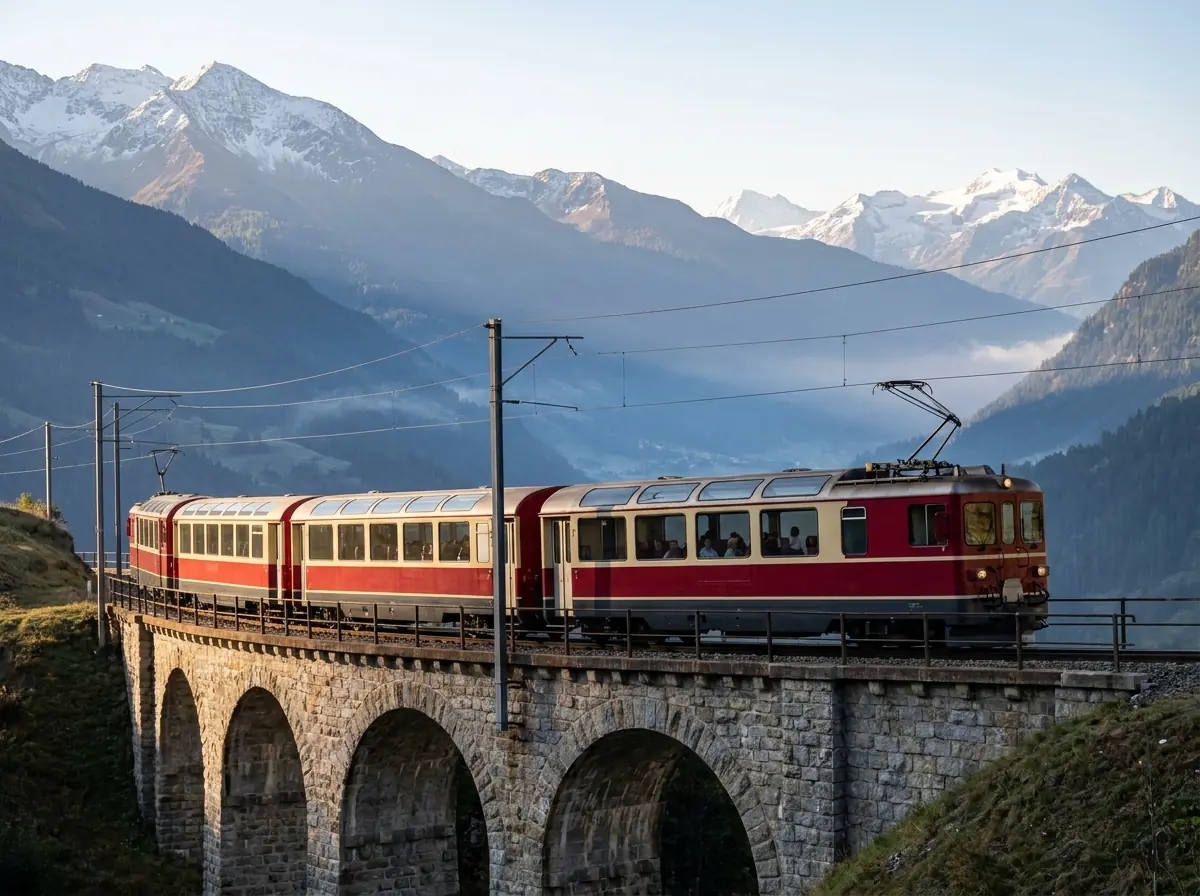 Panoramic train crossing an Alpine viaduct on a charter rail journey
