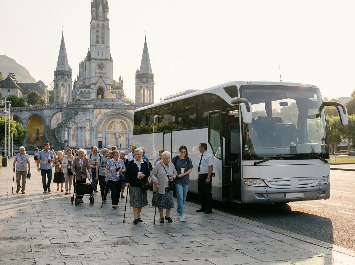 Coach parked near a European Marian sanctuary awaiting a pilgrimage group