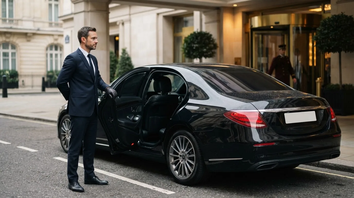 Chauffeur in a dark suit opening the rear door of a black executive sedan outside a European five-star hotel