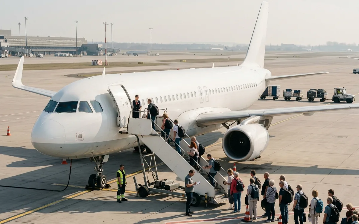 Chartered narrow-body airliner boarding a tour group by stairs on the airport apron