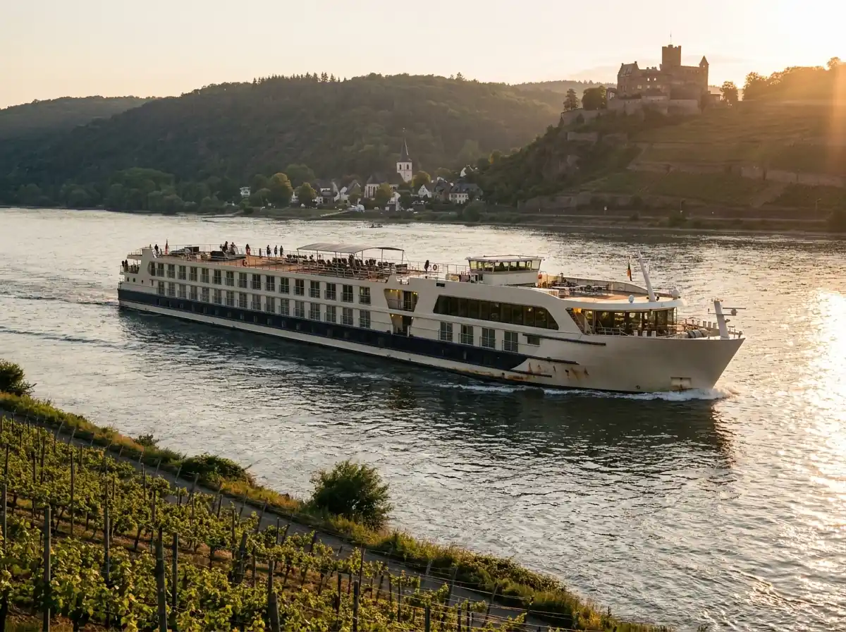 European river cruise ship sailing the Rhine past vineyards and a hilltop castle