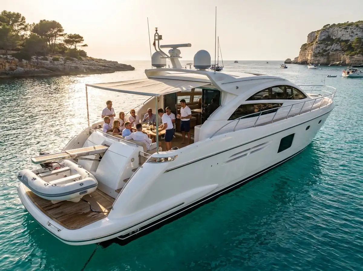 Crewed motor yacht anchored in a Mediterranean bay hosting a corporate incentive event on deck
