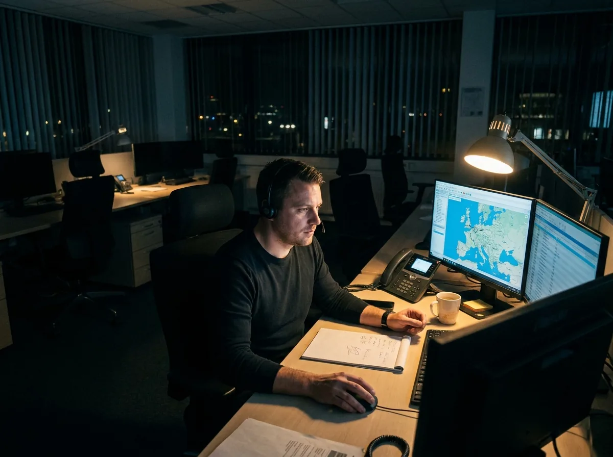 Night-shift dispatcher answering an emergency line for an active European charter program