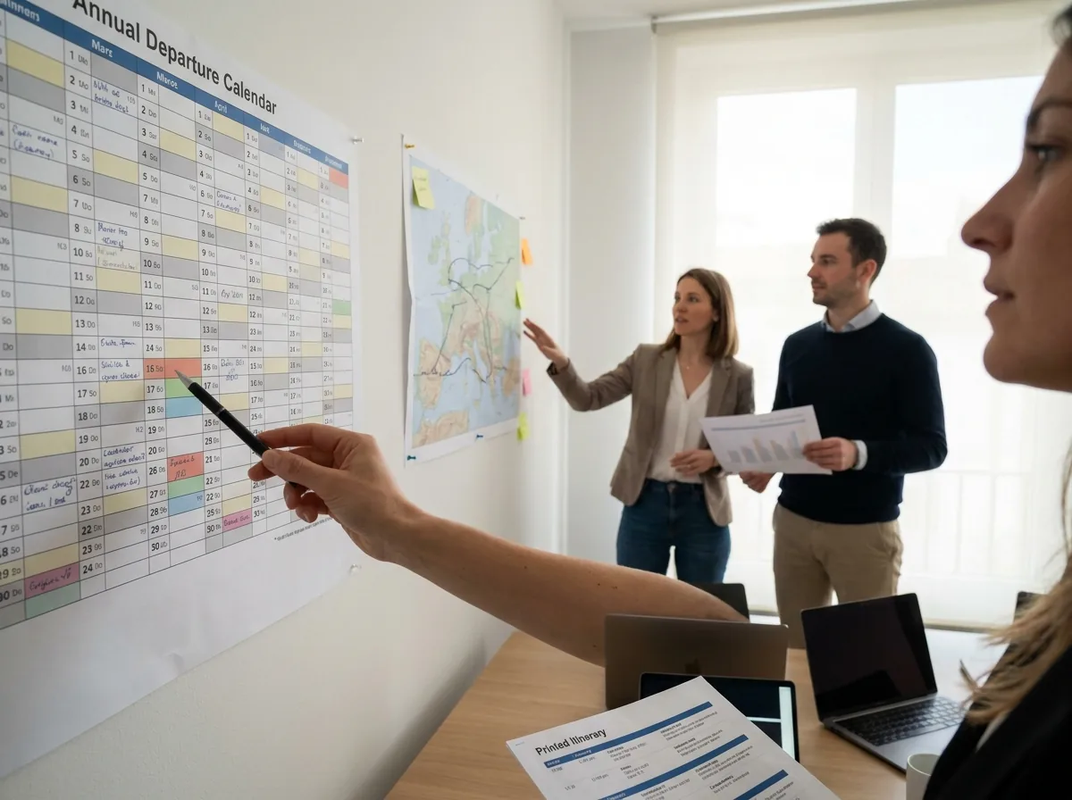 Annual charter program planning: season calendar and European route maps on a planning wall