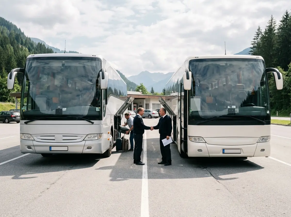 Two touring coaches from different operators meeting for a planned vehicle hand-off at a European rest stop