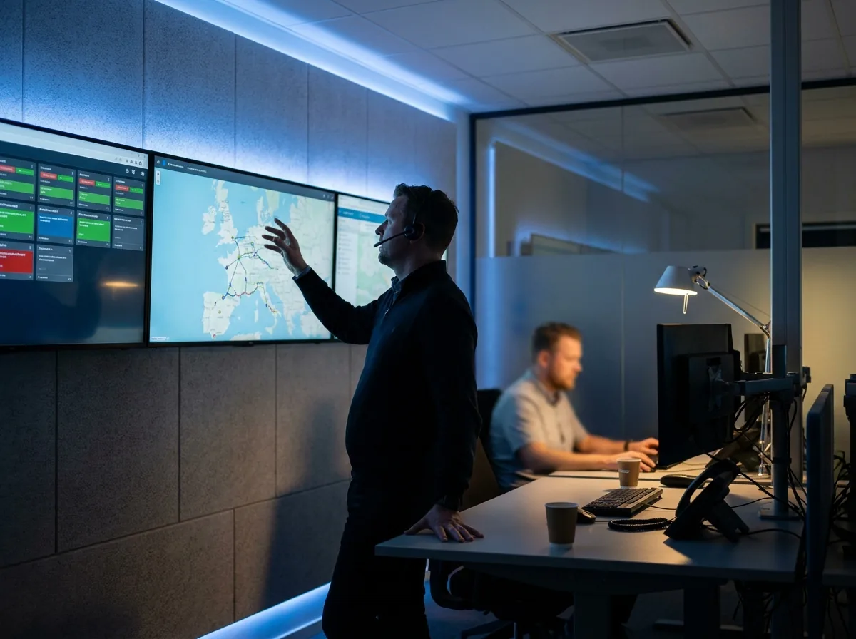 Managed Charter dispatcher coordinating a multi-country charter program on wall screens in the operations room